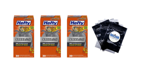 Steelsak Heavy Duty Large Trash Bags, Gray, Unscented, 39 gallon - 3 packs - 30 count per pack - plus 3 My Outlet Mall Resealable Storage Pouches