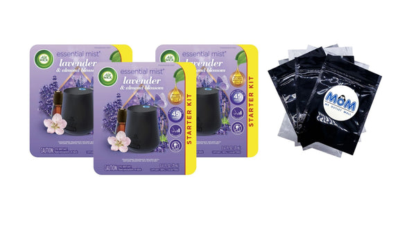 Essential Mist Starter Kit (Diffuser + Refill), Lavender and Almond Blossom, Essential Oils - 3 packs - plus 3 My Outlet Mall Resealable Storage Pouches