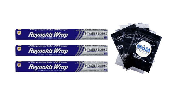 Wrap Pitmaster’s Choice Aluminum Foil, 18 Inch Width, 37.5 square feet  - 3 packs - plus 3 My Outlet Mall Resealable Storage Pouches