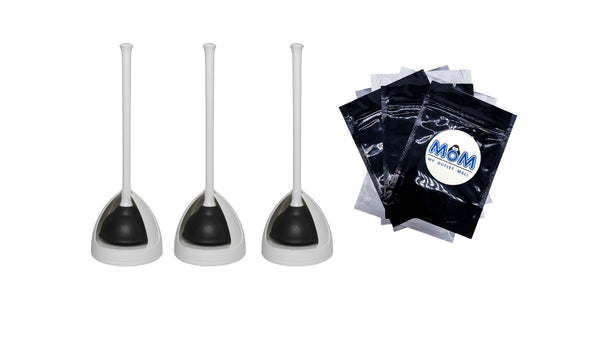 Toilet Plunger Drain Plunger with White Twist Caddy Storage Holder - 3 packs - plus 3 My Outlet Mall Resealable Storage Pouches