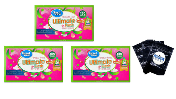 Ultimate Fresh Dryer Sheets, Paradise Fresh -3 pack - 180 count per pack - plus 3 My Outlet Mall Resealable Storage Pouches
