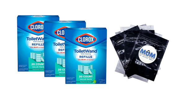 ToiletWand Disinfecting Refills, Disposable Wand Heads, Rainforest Rush - 3 packs - 20 count per pack - plus 3 My Outlet Mall Resealable Storage Pouches