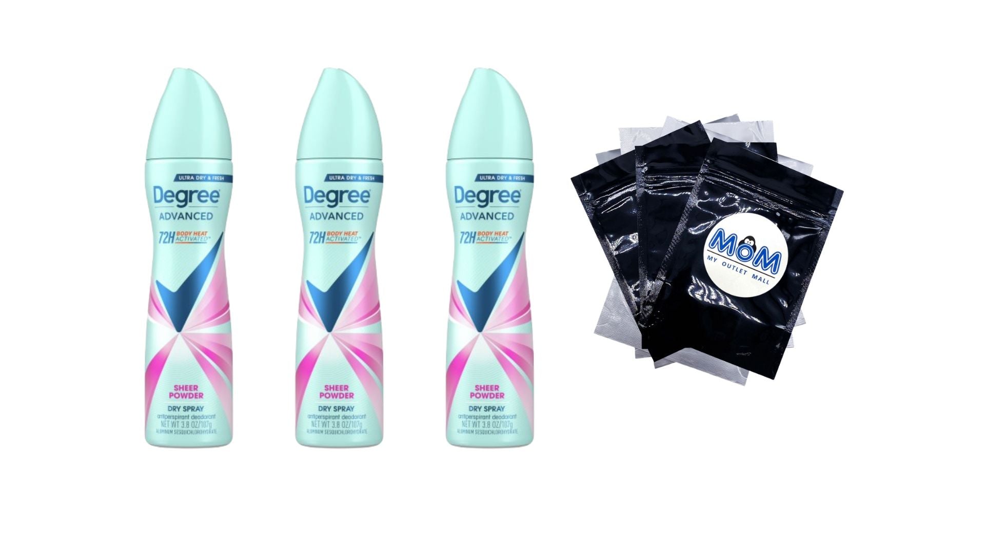 Advanced Long Lasting Women's Antiperspirant Deodorant Dry Spray, Sheer Powder - 3 packs - 3.8 oz per pack - plus 3 My Outlet Mall Resealable Storage Pouches
