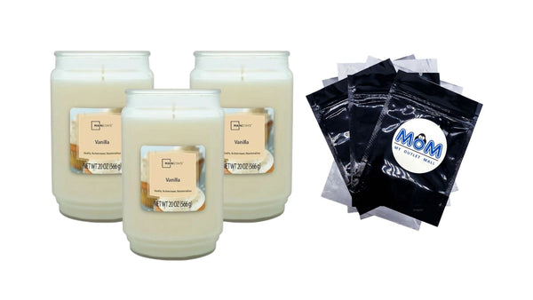 Vanilla Scented Single-Wick Large Glass Jar Candle - 3 packs - 20 oz per pack - plus 3 My Outlet Mall Resealable Storage Pouches