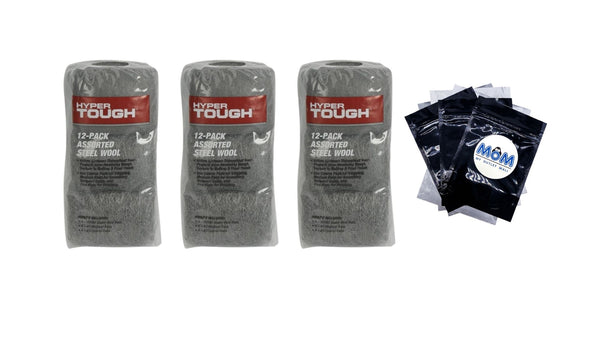 Multi Grade Assorted Steel Wool Pads - 3 packs - 12 count per pack - plus 3 My Outlet Mall Resealable Storage Pouches