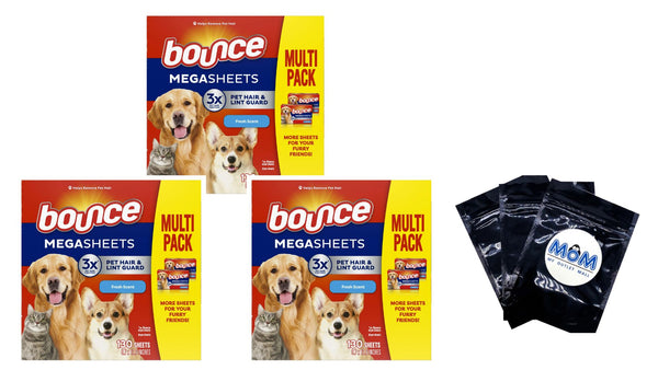 Pet Hair and Lint Guard Mega Dryer Sheets, Fresh Scent- 3 pack - 130 count per pack - plus 3 My Outlet Mall Resealable Storage Pouches