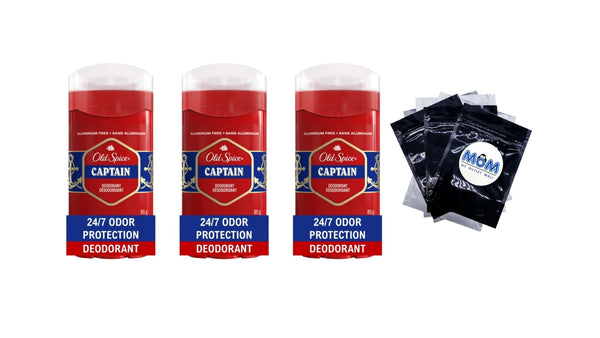 Aluminum Free, Men's Deodorant Invisible Solid Stick, Captain Scent - 3 packs - 3 oz per pack - plus 3 My Outlet Mall Resealable Storage Pouches