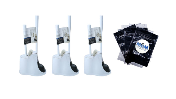 Toilet Plunger & Brush with Caddy 3 Piece Set, White - 3 packs - plus 3 My Outlet Mall Resealable Storage Pouches