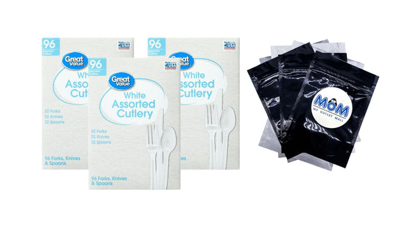 Assorted Plastic Disposable Cutlery Set, White, includes 32F/32S/32K - 3 packs - 96 Count per pack - plus 3 My Outlet Mall Resealable Storage Pouches
