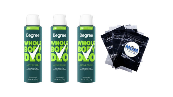 Men Whole Body Deodorant Spray for Men Active Fresh Scent Aluminum Free - 3 packs - 4 oz per pack - plus 3 My Outlet Mall Resealable Storage Pouches