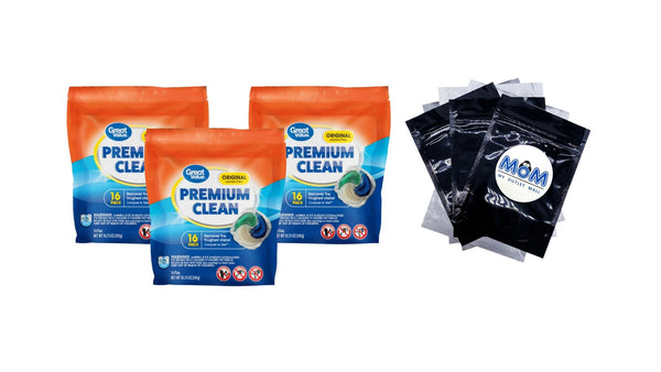 Premium Clean Laundry Pacs Original Scent - 3 packs - 16 Count - plus 3 My Outlet Mall Resealable Storage Pouches