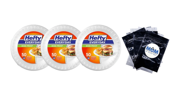 Everyday Soak-Proof Foam Plates, White, 8.875 inch - 3 packs - 50 Count per pack - plus 3 My Outlet Mall Resealable Storage Pouches
