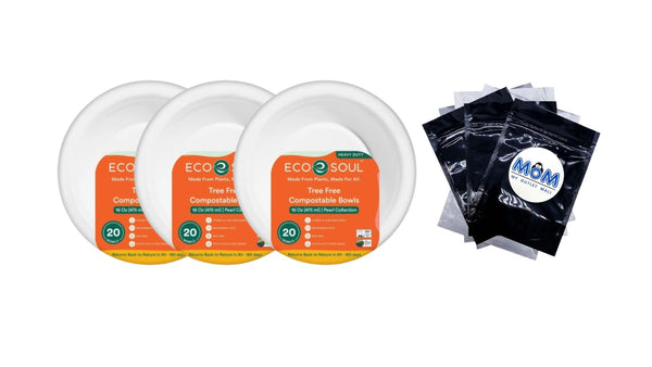 Plant-Based Compostable Disposable Bowls, 16 oz - 3 packs - 20 Count per pack - plus 3 My Outlet Mall Resealable Storage Pouches