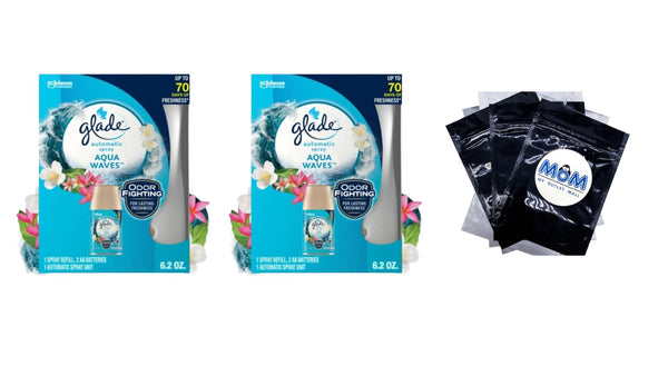 Automatic Spray Air Freshener Starter Kit, 1 Holder and 1 Refill, Aqua Waves, Fragrance Infused with Essential Oils - 2 packs -plus 3 My Outlet Mall Resealable Storage Pouches