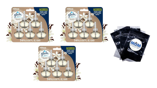 PlugIns Scented Oil, Sheer Vanilla Embrace, Infused with Essential Oils, 0.67 oz - 3 packs - 5 Count  per pack - plus 3 My Outlet Mall Resealable Storage Pouches