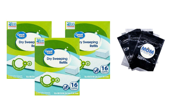 Dry Sweeping Cloth Refills - 3 packs - 16 count per pack - plus 3 My Outlet Mall Resealable Storage Pouches