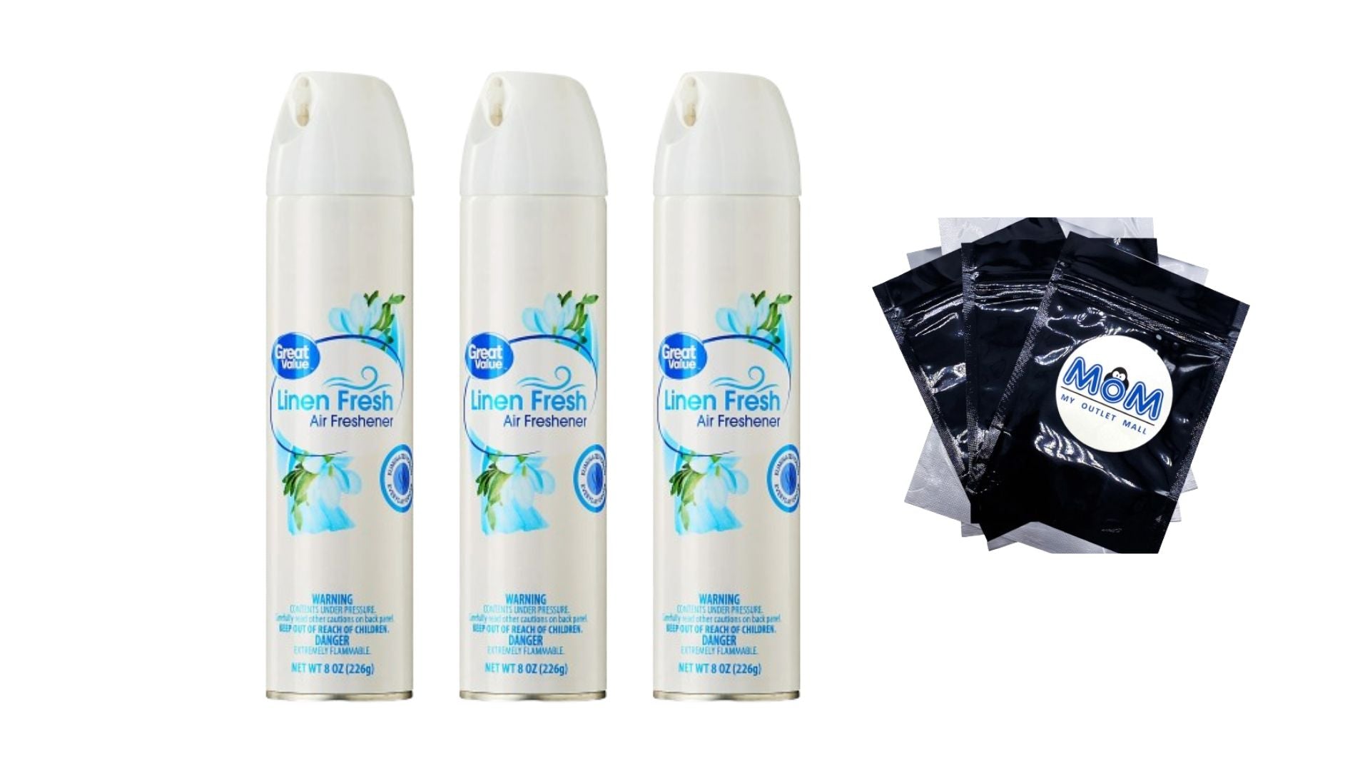 Aerosol Air Freshener, Linen Fresh - 3 packs - 8 oz per pack - plus 3 My Outlet Mall Resealable Storage Pouches