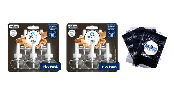 PlugIns Scented Oil 5 Refills, Air Freshener, Oak & Amber, Essential Oil Infused Wall Plug In, 3.35 oz - 2 packs - 5 Count per pack - plus 3 My Outlet Mall Resealable Storage Pouches