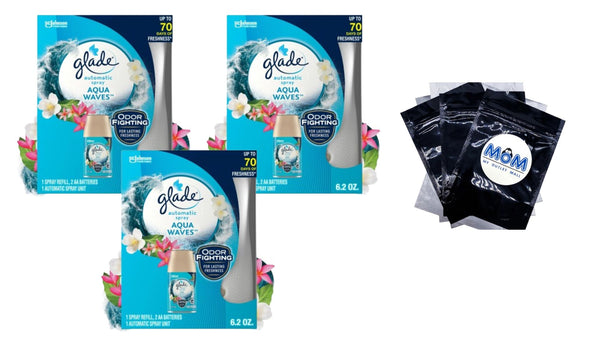 Automatic Spray Air Freshener Starter Kit, 1 Holder and 1 Refill, Aqua Waves, Fragrance Infused with Essential Oils - 3 packs -plus 3 My Outlet Mall Resealable Storage Pouches