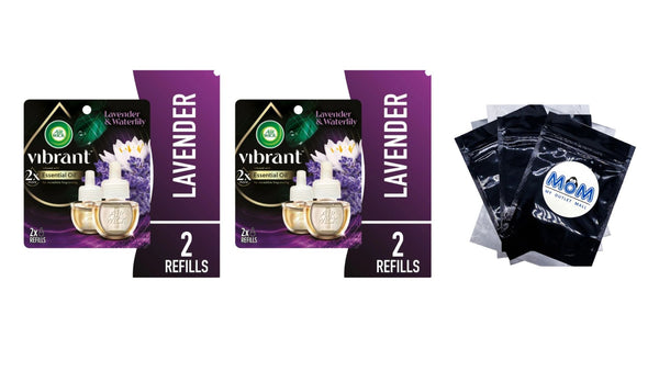 Vibrant Plug in Scented Oil Refill, Air Freshener, Lavender & Waterlily - 2 packs - 2 Count per pack - plus 3 My Outlet Mall Resealable Storage Pouches