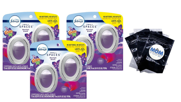 Small Spaces Air Freshener, Odor-Fighting, Gain Moonlight Breeze - 3 packs - 2 count per pack - plus 3 My Outlet Mall Resealable Storage Pouches