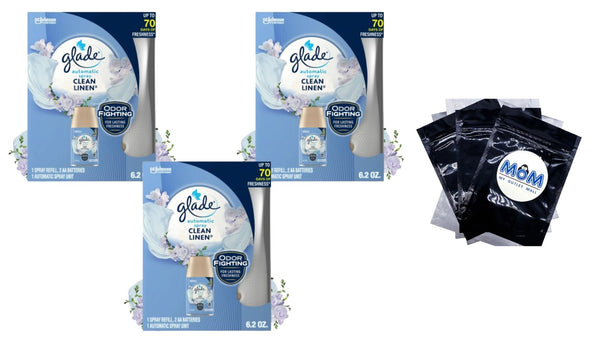 Automatic Spray Air Freshener Starter Kit, 1 Holder and 1 Refill, Clean Linen, Fragrance Infused with Essential Oils - 3 packs - plus 3 My Outlet Mall Resealable Storage Pouches