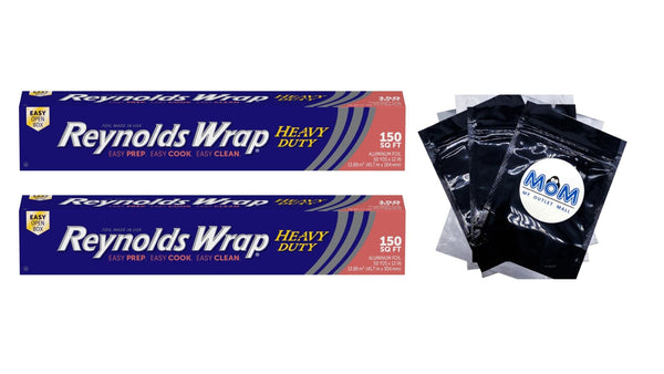 Heavy Duty Aluminum Foil, 12 Inch Width - 2 packs -  150 square feet per pack - plus 3 My Outlet Mall Resealable Storage Pouches