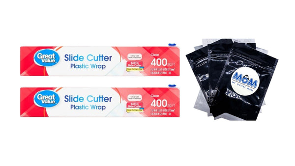 Slide Cutter Plastic Wrap - 2 packs -  400 square feet per pack - plus 3 My Outlet Mall Resealable Storage Pouches