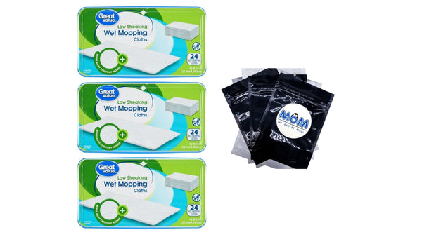 Wet Mopping Cloths - 3 packs - 24 count per pack - plus 3 My Outlet Mall Resealable Storage Pouches