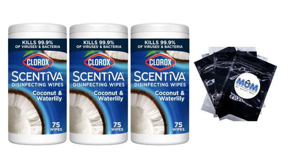 Scentiva Bleach-Free Cleaning Wipes, Coconut and Waterlily - 3 packs - 75 count per pack - plus 3 My Outlet Mall Resealable Storage Pouches
