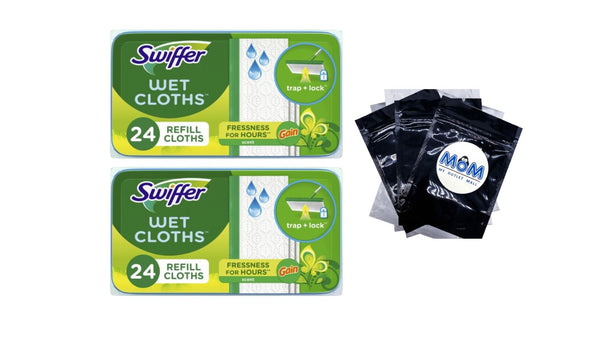 Sweep + Mop, Wet Pads Refill, Floor Cleaner, Cleaning Cloths, Gain - 2 packs - 24 count per pack - plus 3 My Outlet Mall Resealable Storage Pouches