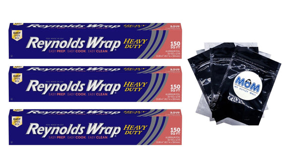 Heavy Duty Aluminum Foil, 12 Inch Width - 3 packs -  150 square feet per pack - plus 3 My Outlet Mall Resealable Storage Pouches