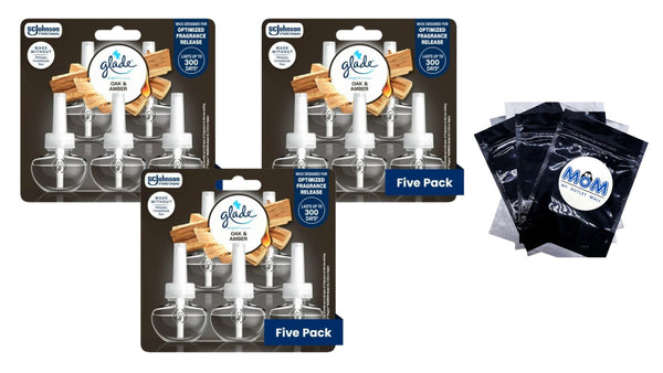PlugIns Scented Oil 5 Refills, Air Freshener, Oak & Amber, Essential Oil Infused Wall Plug In, 3.35 oz - 3 packs - 5 Count per pack - plus 3 My Outlet Mall Resealable Storage Pouches