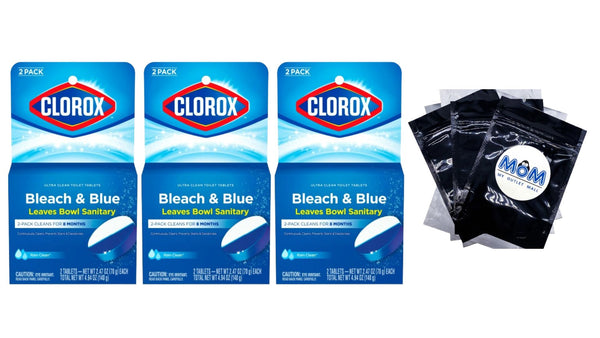 Bleach and Blue Toilet Bowl Cleaner Tablets, Rain Clean - 3 packs -  2 count per pack - plus 3 My Outlet Mall Resealable Storage Pouches