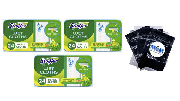 Sweep + Mop, Wet Pads Refill, Floor Cleaner, Cleaning Cloths, Gain - 3 packs - 24 count per pack - plus 3 My Outlet Mall Resealable Storage Pouches