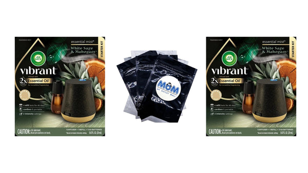 Essential Mist Vibrant Starter Kit, Diffuser + 1 Refill, White Sage and Mahogany - 2 packs - 1 count per pack - plus 3 My Outlet Mall Resealable Storage Pouches