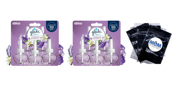PlugIns Scented Oil 5 Refills, Air Freshener, Lavender & Vanilla Fragrance, Essential Oil Infused Wall Plug In, 3.35 oz - 2 packs - plus 3 My Outlet Mall Resealable Storage Pouches