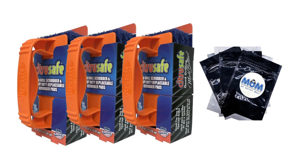 BBQ Grill Scrubber Handle & 3 Heavy Duty Replaceable Blue Nylon Scrubber Pads - 3 packs -  1 count per pack - plus 3 My Outlet Mall Resealable Storage Pouches