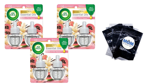 Plug in Scented Oil Refill, Vanilla and Pink Papaya, Air Freshener, Essential Oils - 3 packs - 2 Count per pack - plus 3 My Outlet Mall Resealable Storage Pouches