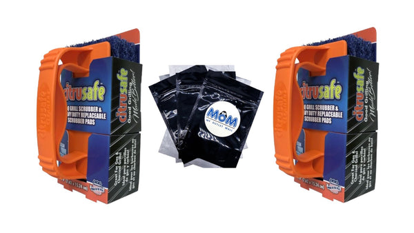 BBQ Grill Scrubber Handle & 3 Heavy Duty Replaceable Blue Nylon Scrubber Pads - 2 packs -  1 count per pack - plus 3 My Outlet Mall Resealable Storage Pouches