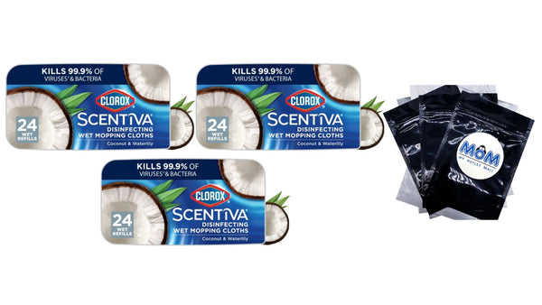 Scentiva Disinfecting Wet Mop Pads, Coconut & Waterlily - 3 packs - 24 count per pack - plus 3 My Outlet Mall Resealable Storage Pouches