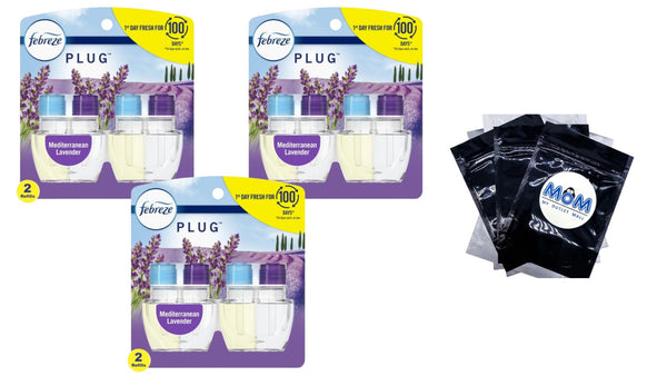 Plug Refill Odor-Fighting Air Freshener Mediterranean Lavender Scent - 3 packs - 2 count per pack - plus 3 My Outlet Mall Resealable Storage Pouches