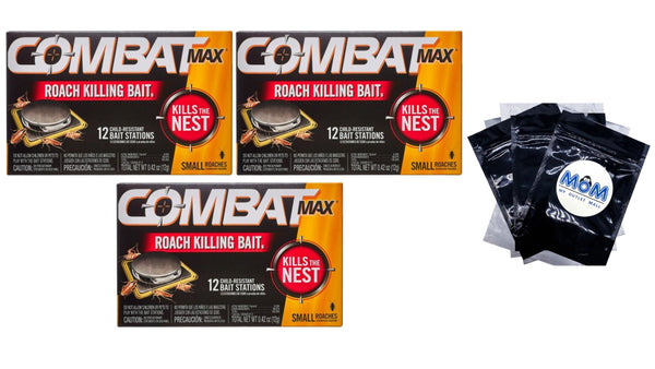 Roach Killing Bait, Small Roach Bait Station -  3 packs - 12 count per pack - plus 3 My Outlet Mall Resealable Storage Pouches