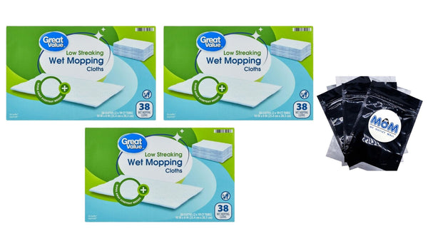 Wet Mopping Cloth Refills - 3 packs - 38 count per pack - plus 3 My Outlet Mall Resealable Storage Pouches