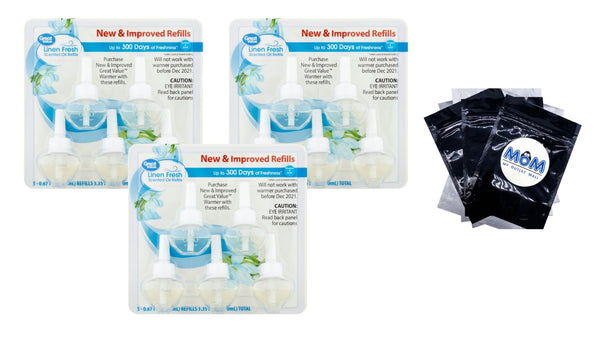 Plug-in Scented Oil Refills, Linen Fresh, 0.67 oz - 3 packs - 5 count per pack - plus 3 My Outlet Mall Resealable Storage Pouches