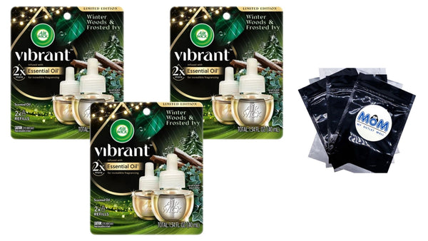Vibrant Plug in Scented Oil Refill, Winter Woods and Frosted Ivy - 3 packs - 2 Count per pack - plus 3 My Outlet Mall Resealable Storage Pouches