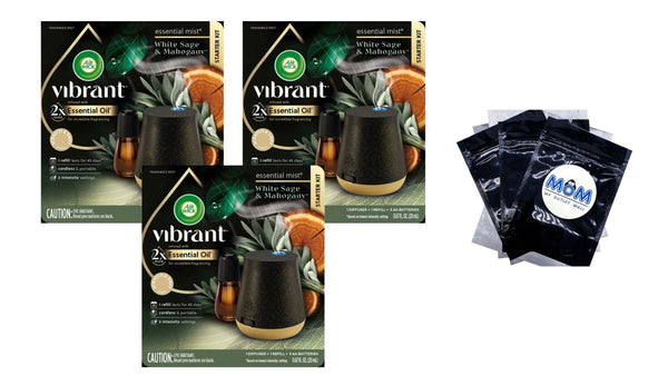 Essential Mist Vibrant Starter Kit, Diffuser + 1 Refill, White Sage and Mahogany - 3 packs - 1 count per pack - plus 3 My Outlet Mall Resealable Storage Pouches