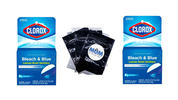 Bleach and Blue Toilet Bowl Cleaner Tablets, Rain Clean - 2 packs -  2 count per pack - plus 3 My Outlet Mall Resealable Storage Pouches