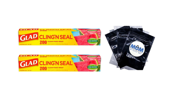 Cling N Seal Plastic Food Wrap - 2 packs -  200 sq ft Roll per pack - plus 3 My Outlet Mall Resealable Storage Pouches