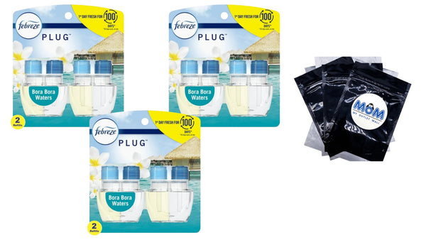 Plug In Air Freshener, Odor-Fighting Scented Oil Refill, Bora Bora Waters Scent - 3 packs - 2 count per pack - plus 3 My Outlet Mall Resealable Storage Pouches